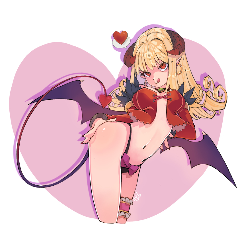 1girl, :q, bat_wings, black_choker, black_panties, blonde_hair, bow, bow_panties, breasts, brown_eyes, choker, cleavage, closed_mouth, commentary, contrapposto, corset, demon_girl, demon_tail, demon_wings, earrings, feet_out_of_frame, heart, heart_background, highres, hoop_earrings, horns, jewelry, kemushi_sama, long_hair, looking_at_viewer, medium_breasts, panties, pointy_ears, purple_bow, ragnarok_online, smile, solo, spoken_heart, succubus_(ragnarok_online), tail, thigh_strap, tongue, tongue_out, underwear, white_background, wings