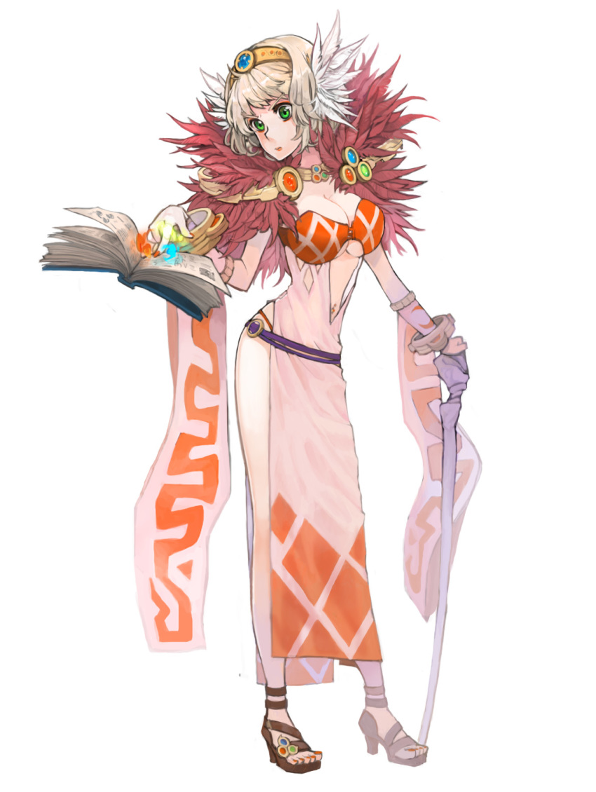 1girl, argyle_clothes, argyle_dress, bangle, blonde_hair, book, bracelet, breasts, cleavage, closed_mouth, detached_sleeves, dress, full_body, fur_collar, green_eyes, head_wings, high_heel_sandals, high_heels, highres, holding, holding_book, holding_staff, jewelry, kemushi_sama, large_breasts, looking_to_the_side, navel, navel_piercing, piercing, ragnarok_online, sandals, short_hair, side_slit, simple_background, sleeveless, sleeveless_dress, solo, sorcerer_(ragnarok_online), staff, standing, underboob, white_background, white_dress, white_sleeves, white_wings, wings