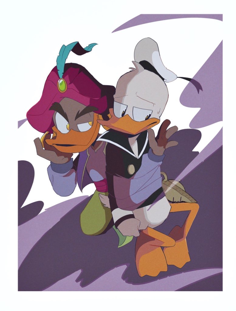 2boys, arabian_clothes, bamboo_617, bird, closed_mouth, donald_duck, donald_duck_sailor_hat, duck, ducktales, furrowed_brow, furry, furry_male, gene_the_genie, genie, ghost, half-closed_eyes, hat, intangible, knees_apart_feet_together, long_sleeves, male_focus, mickey_mouse_&amp;_friends, multiple_boys, oil_lamp, sailor_collar, sideways_glance, smoke, sweat, thick_eyebrows, turban, yellow_eyes