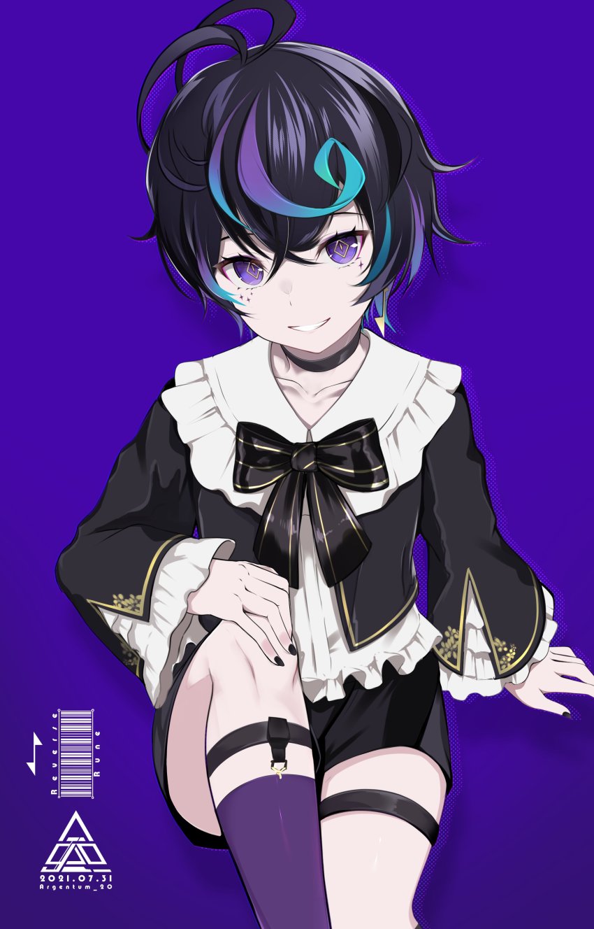 1boy, absurdres, androgynous, argentum_2o, asymmetrical_legwear, black_hair, blue_hair, bow