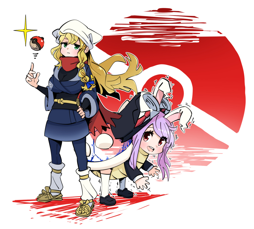 2girls, akari_(pokemon), akari_(pokemon)_(cosplay), animal_ears, black_sash, black_shirt, blastoise, blastoise_(cosplay), blonde_hair, blue_kimono, blue_pants, breasts, closed_mouth, cookie_(touhou), cosplay, crossover, expressionless, full_body, galaxy_expedition_team_survey_corps_uniform, gen_1_pokemon, gram_9, green_eyes, hand_on_own_hip, headscarf, highres, hisui_(cookie), hisuian_poke_ball, japanese_clothes, kimono, kirisame_marisa, large_breasts, light_purple_hair, long_hair, looking_at_viewer, mars_(cookie), multiple_girls, nintendo, obi, open_mouth, pants, poke_ball, pokemon, pokemon_legends:_arceus, rabbit_ears, red_scarf, reisen_udongein_inaba, sash, scarf, shirt, smile, touhou, white_headscarf, white_headwear