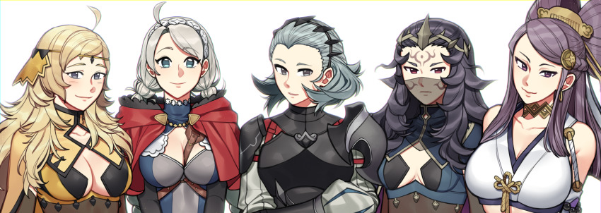 5girls, absurdres, ahoge, armor, asymmetrical_bangs, bare_shoulders, black_hair, blonde_hair, braid, breasts, cape, capelet, chest_harness, choker, circlet, cleavage, closed_mouth, comb, commission, commissioner_upload, facial_mark, fire_emblem, fire_emblem_fates, grey_eyes, grey_hair, hairband, harness, highres, hood, hooded_capelet, japanese_clothes, large_breasts, leather, long_hair, looking_at_viewer, medium_breasts, medium_hair, multiple_girls, nina_(fire_emblem), nintendo, nyx_(fire_emblem), ophelia_(fire_emblem), orochi_(fire_emblem), pantyhose, purple_eyes, purple_hair, red_eyes, shg_(hiomaika), shoulder_armor, smile, sophie_(fire_emblem), turtleneck, upper_body, veil, white_hair