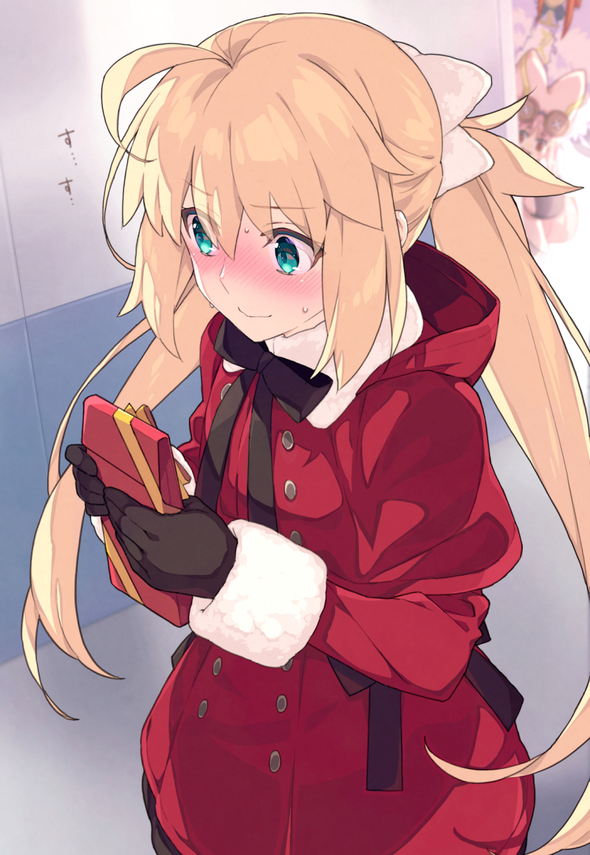 1girl, ahoge, alternate_costume, artoria_caster_(fate), artoria_pendragon_(fate), blonde_hair, blush, breasts, fate/grand_order, fate_(series), green_eyes, habetrot_(fate), highres, jacket, long_hair, long_sleeves, miss_crane_(fate), miss_crane_(second_ascension)_(fate), saipaco, small_breasts, solo, twintails