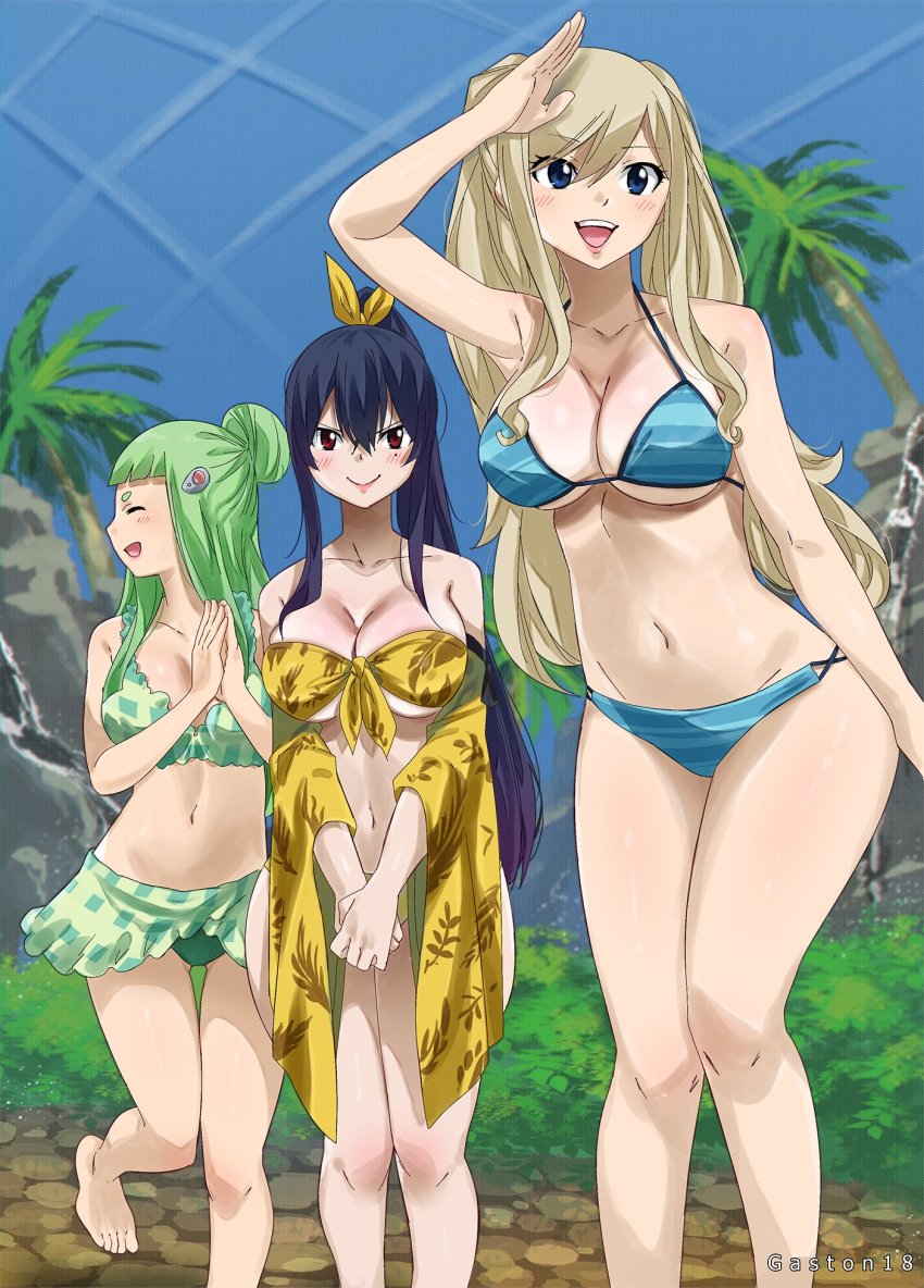 3girls, bikini, blonde_hair, blue_eyes, breasts, cleavage, colorized, eden's_zero, gaston18, highres, homura_kogetsu, kleene_(eden's_zero), large_breasts, long_hair, mashima_hiro, multiple_girls, navel, rebecca_bluegarden, smile, swimsuit, twintails, underboob