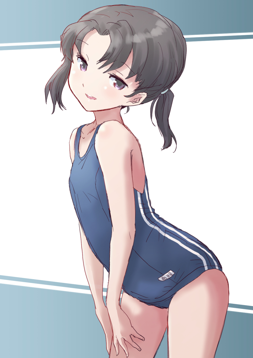 1girl, black_hair, blue_one-piece_swimsuit, commentary_request, cowboy_shot, flat_chest, fuji_(pixiv24804665), highres, kantai_collection, leaning_forward, looking_at_viewer, one-piece_swimsuit, purple_eyes, school_swimsuit, short_hair, shounan_(kancolle), solo, striped, swimsuit, twintails, vertical_stripes