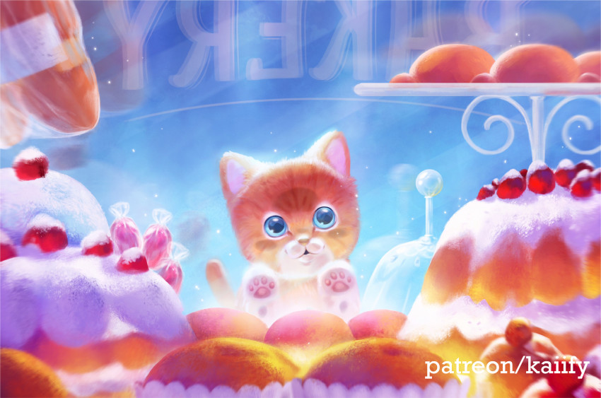 :3, absurdres, animal, animal_focus, baby_animal, bakery, blue_eyes, blurry, cafe, cake, cat, commentary, concept_art, dessert, english_commentary, food, fruit, highres, icing, kaiify, kitten, no_humans, original, pastry, patreon_username, pet, shop, smile, strawberry