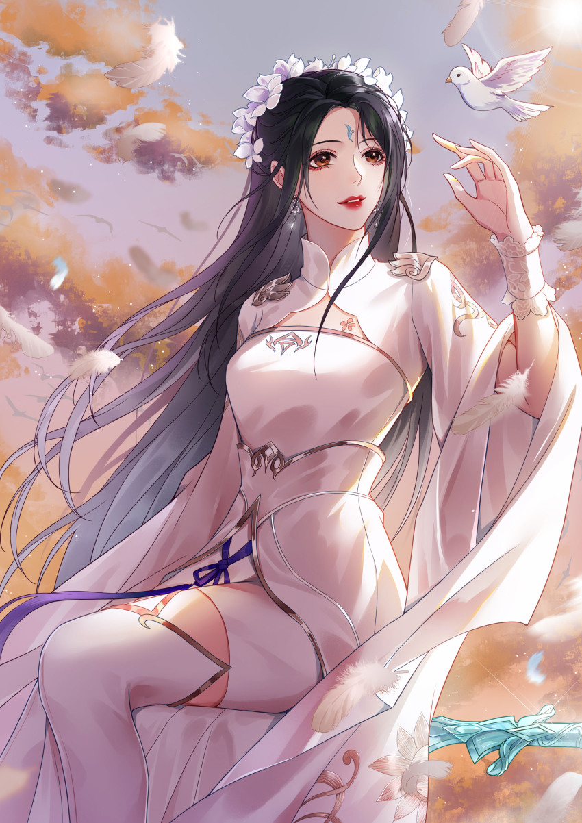 1girl, absurdres, bird, black_hair, china_dress, chinese_clothes, cloud, dress