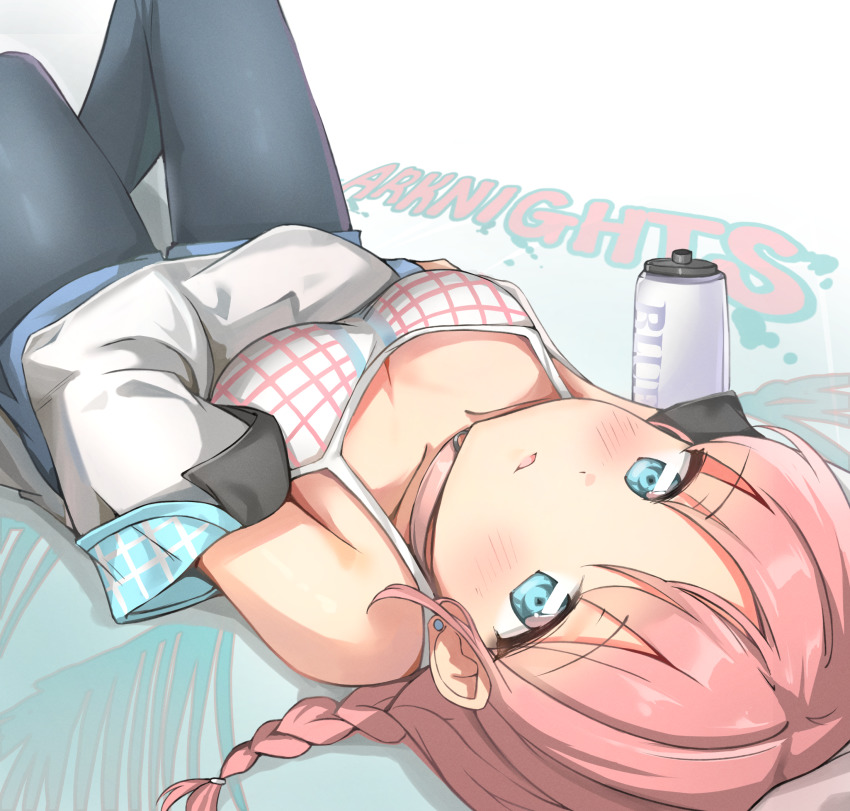 1girl, arknights, blue_eyes, blue_poison_(arknights), blue_poison_(shoal_beat)_(arknights), blue_shorts, blush, bottle