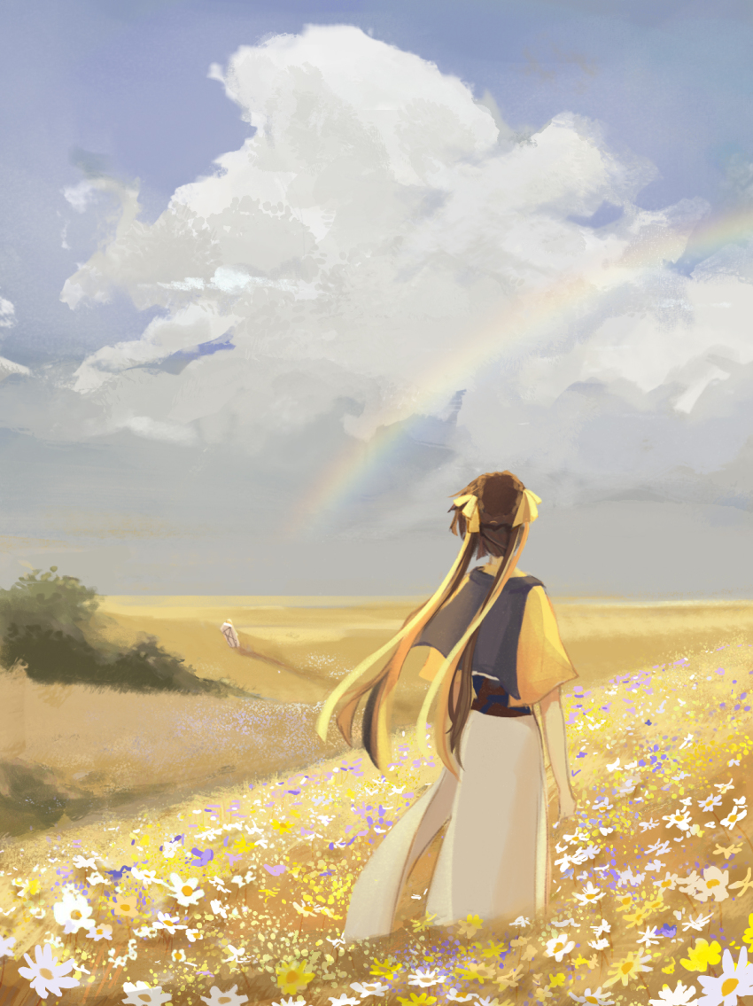 1girl, back, blue_sky, bow, brown_hair, chinese_clothes, cloud, cloudy_sky