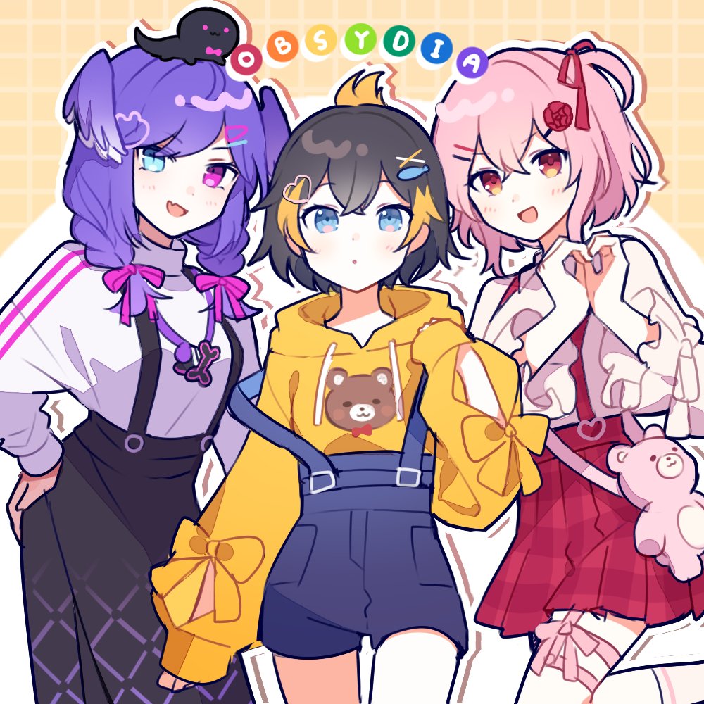 3girls, :d, animal_bag, animal_print, bear_bag, bear_print, black_skirt, blue_eyes