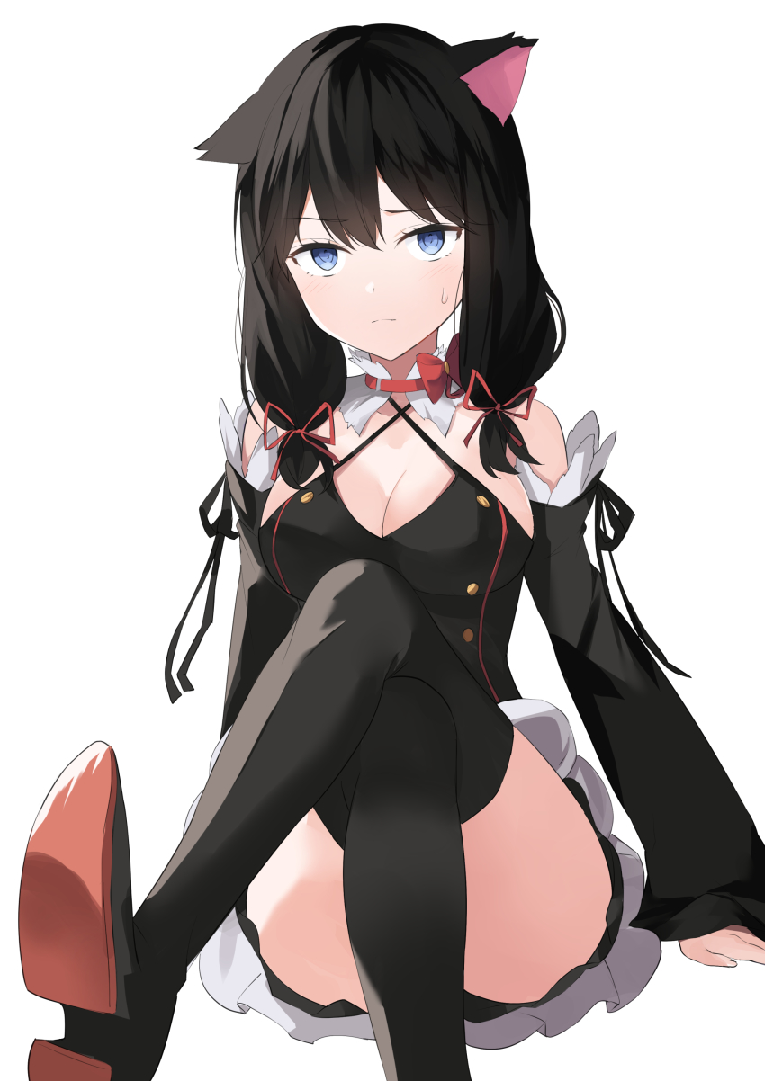 1girl, absurdres, animal_ears, ass, bare_shoulders, black_boots, black_dress, black_hair, blue_eyes, boots, breasts, cat_ears, celite, choker, cleavage, commission, convenient_leg, cosplay, criss-cross_halter, crossed_legs, detached_sleeves, dress, frown, hair_over_shoulder, halter_dress, halterneck, highres, knees_up, krul_tepes, krul_tepes_(cosplay), long_hair, long_sleeves, looking_at_viewer, low_twintails, medium_breasts, original, owari_no_seraph, raised_eyebrow, red_choker, short_dress, simple_background, sitting, solo, spaghetti_strap, sweatdrop, thigh_boots, thighhighs, twintails, white_background