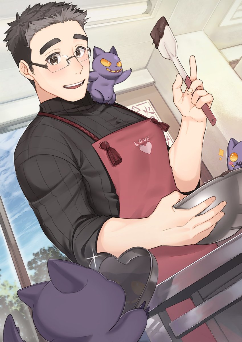 1boy, apron, bara, black_eyes, black_hair, blush, buku2_suisou, chocolate