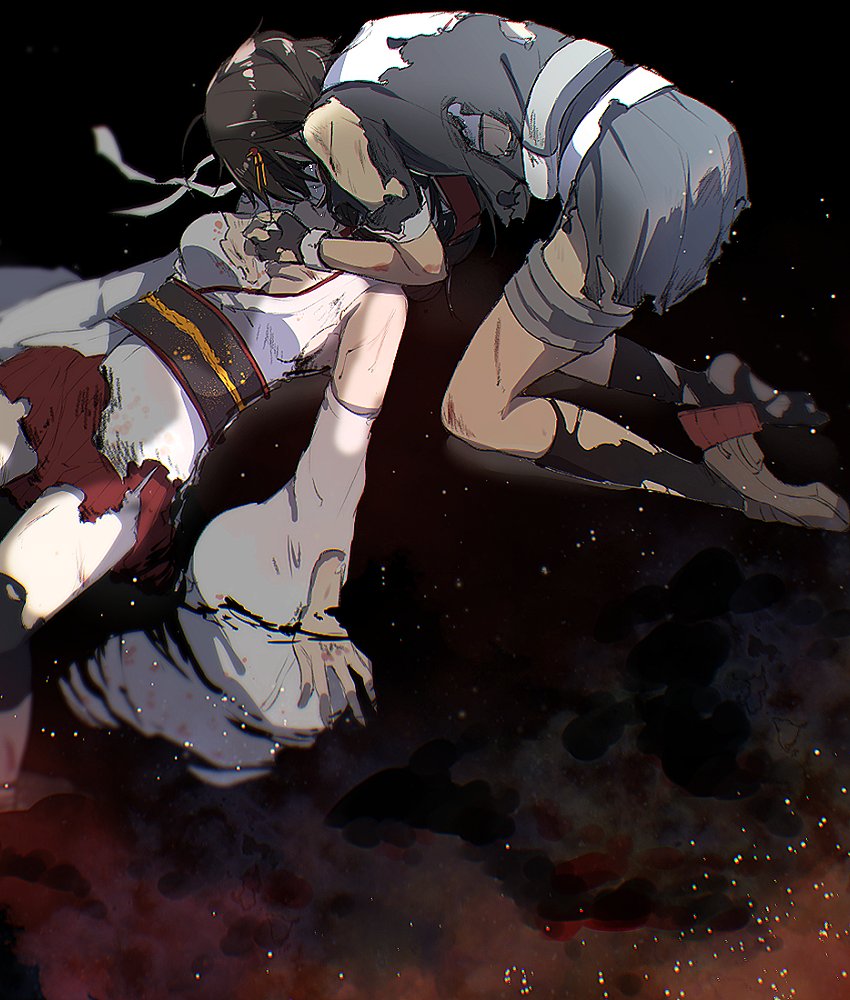 2girls, black_gloves, black_serafuku, black_skirt, black_socks, breasts, death, detached_sleeves