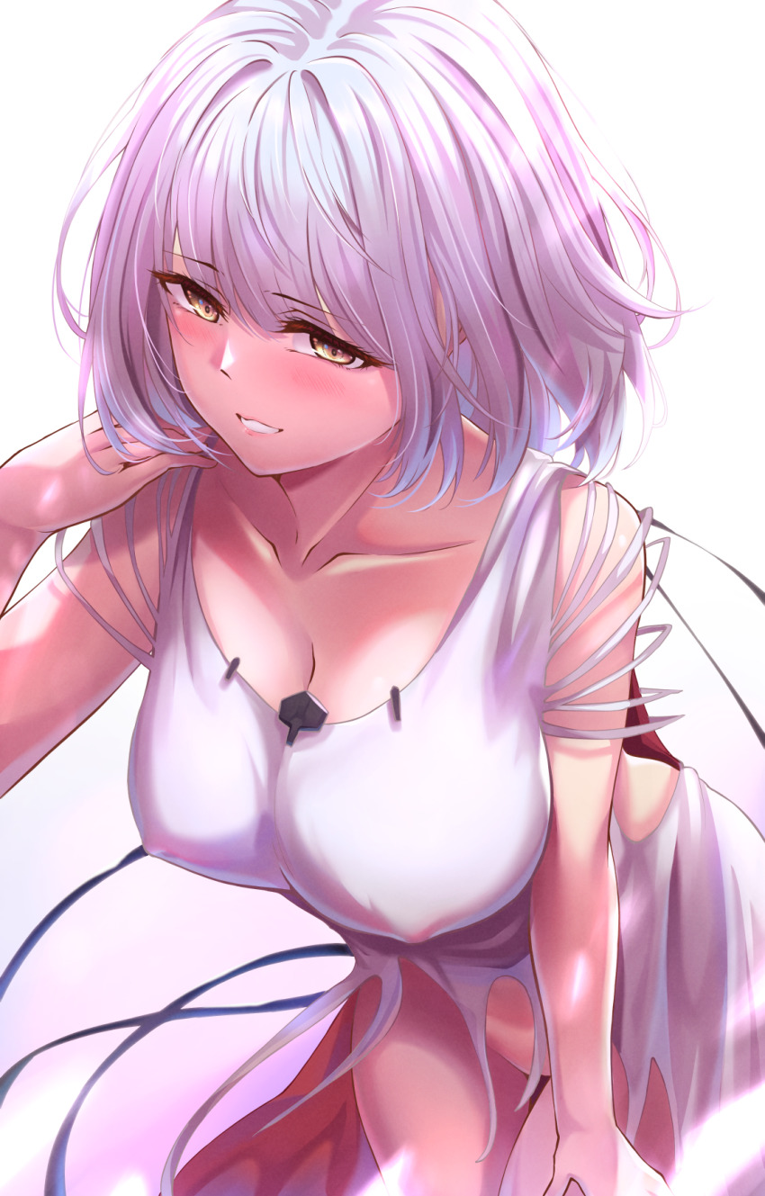 1girl, alternate_costume, blush, breasts, collarbone, covered_erect_nipples, dress, feet_out_of_frame, girls'_frontline, hand_in_own_hair, hand_on_own_knee, highres, leaning_forward, looking_at_viewer, medium_breasts, open_mouth, paradeus, rpk-16_(boss)_(girls'_frontline), rpk-16_(girls'_frontline), short_hair, silver_hair, smile, solo, standing, teeth, torn_clothes, torn_dress, white_background, white_dress, xlscaler, yellow_eyes