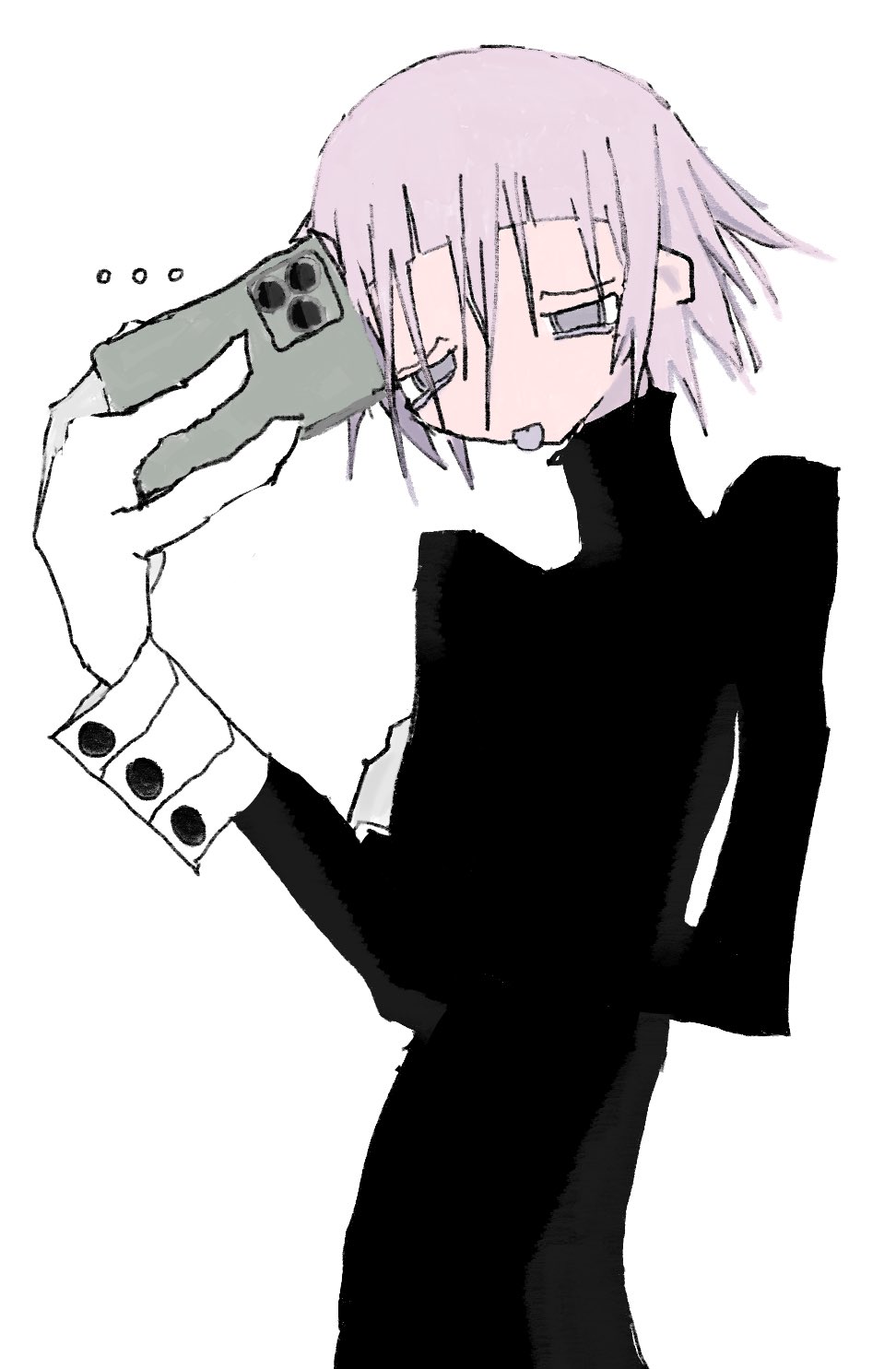 ..., 1other, black_dress, cellphone, contrapposto, cowboy_shot, crona_(soul_eater), dress, eyebrows_hidden_by_hair, gloves, hair_over_eyes, hand_on_own_arm, highres, holding, holding_phone, limited_palette, narrowed_eyes, phone, pink_eyes, pink_hair, selfie, short_hair, shoulders_up, simple_background, skinny, smartphone, soul_eater, squinting, tongue, tongue_out, turtleneck, turtleneck_dress, white_background, white_gloves, yasunavert