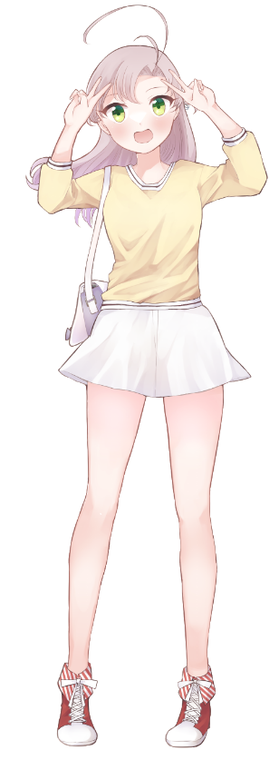 1girl, commentary_request, double_v, full_body, green_eyes, grey_hair, gumiko, hair_tie, jewelry, kantai_collection, kinugasa_(kancolle), kinugasa_(zuiun_paradise)_(kancolle), kinugasa_kai_ni_(kancolle), looking_at_viewer, medium_hair, official_alternate_costume, one_side_up, open_mouth, red_shoes, ring, shirt, shoes, simple_background, skirt, smile, sneakers, solo, standing, v, wedding_band, white_background, white_skirt, yellow_shirt