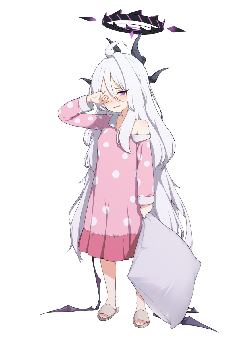 1girl, ahoge, bare_shoulders, blue_archive, blush, commentary, dress, full_body