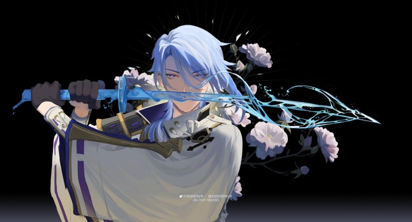 1boy, absurdres, black_background, blue_eyes, blue_hair, cape, dark_background, english_text