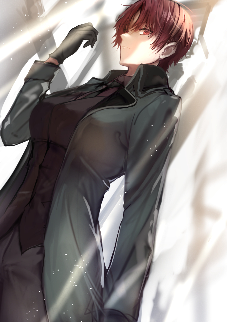 1girl, bazett_fraga_mcremitz, black_coat, black_gloves, black_shirt, closed_mouth, coat, cowboy_shot