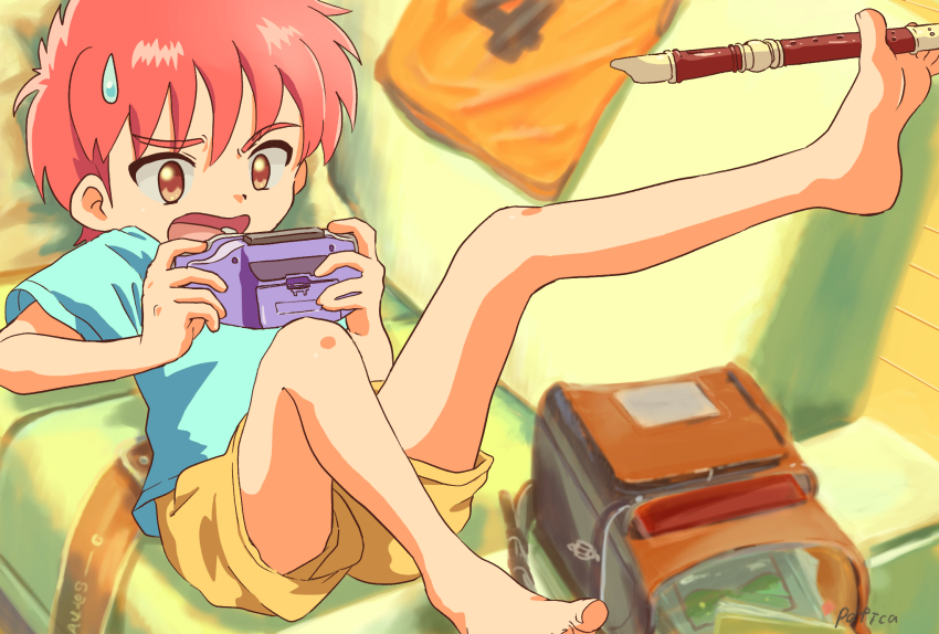 1boy, backpack, bag, barefoot, blue_shirt, brown_eyes, child, couch, feet, flute, handheld_game_console, highres, holding_with_feet, instrument, lying, male_focus, on_couch, open_mouth, original, pafica, pink_hair, playing_games, playing_video_games, raised_eyebrow, recorder, shirt, short_hair, shorts, signature, solo, sweatdrop, t-shirt, toes, yellow_shorts
