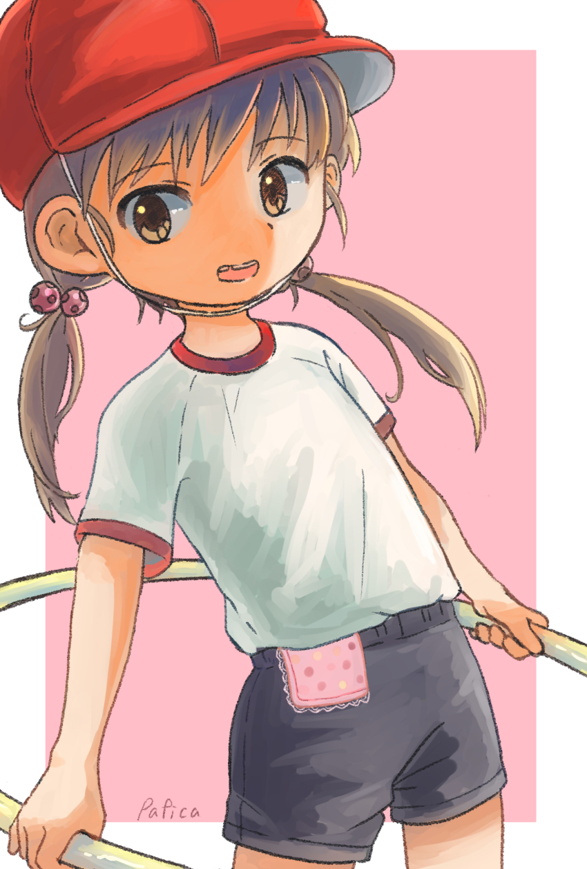 1girl, black_shorts, border, brown_eyes, child, female_focus, hair_bobbles, hair_ornament, highres, looking_at_viewer, low_twintails, missing_tooth, open_mouth, original, outside_border, pafica, red_headwear, shirt_tucked_in, shorts, signature, solo, twintails, white_border