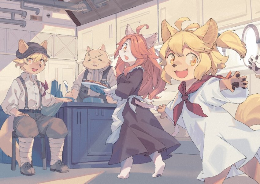 2boys, 2girls, :d, ahoge, animal_ears, apron, black_dress, black_headwear, blonde_hair, boron_brioche, brown_eyes, child, cyber_connect_2, dog_boy, dog_ears, dog_girl, dress, ears_through_headwear, fang, furry, furry_female, furry_male, hair_over_one_eye, hanna_fondant, indoors, little_tail_bronx, looking_at_viewer, maid, maid_apron, malt_marzipan, mei_marzipan, multiple_boys, multiple_girls, open_mouth, peroncho, ponytail, red_hair, senjou_no_fuuga, shirt, shoes, sitting, smile, standing, suspenders, white_dress, white_shirt