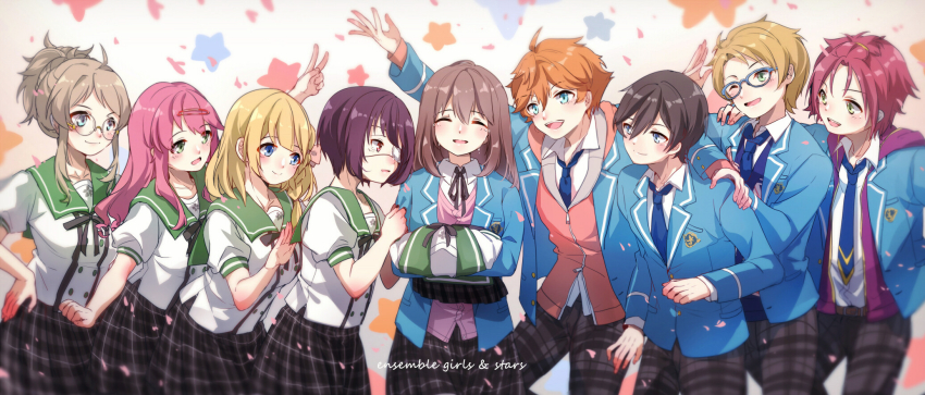 4boys, 5girls, akehoshi_subaru, amako_(kitashiragawa), anzu_(ensemble_stars!), bangs_pinned_back, black_hair, blazer