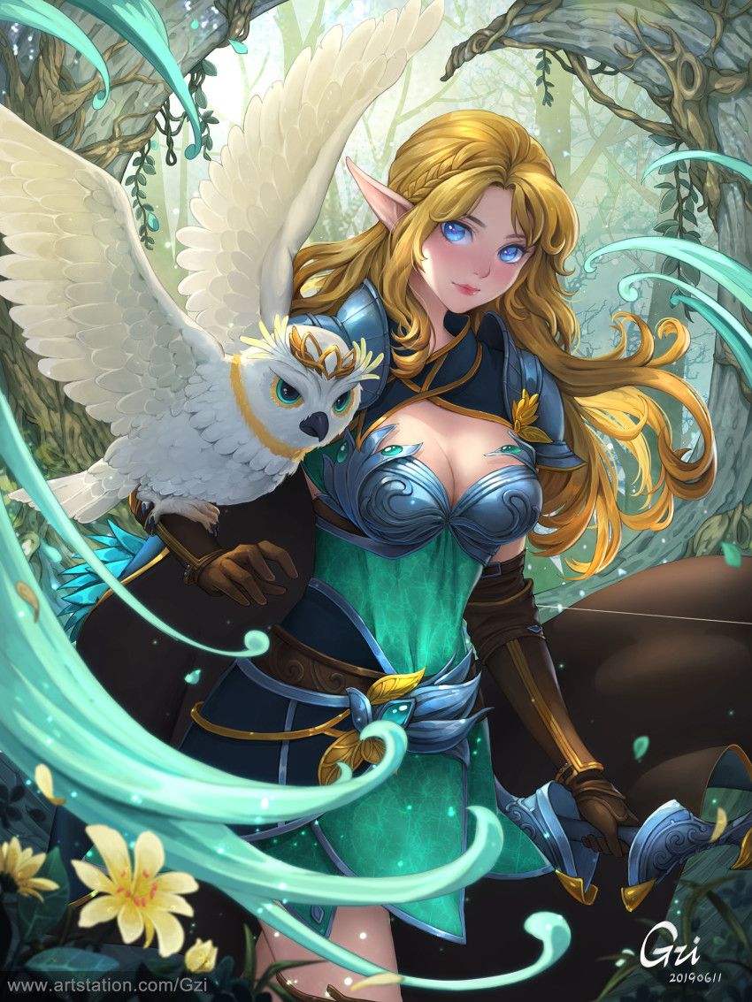 1girl, absurdres, animal, armor, artist_name, bird, blonde_hair, blue_eyes