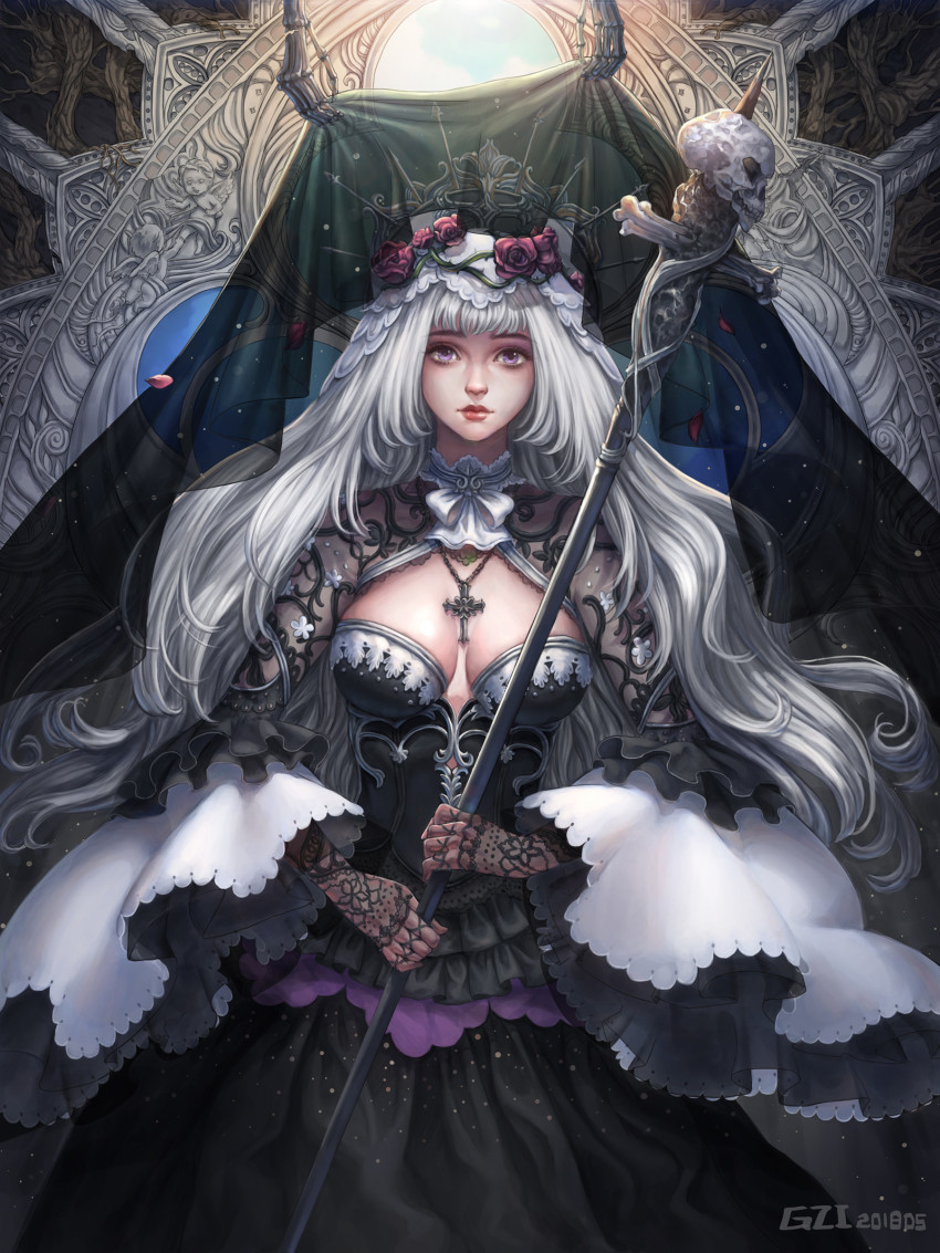 1girl, absurdres, artist_name, black_dress, black_gloves, bow, bowtie, breasts, copyright_request, cowboy_shot, cross, dated, dress, gloves, gothic_lolita, grey_eyes, grey_hair, gzi_(shiba-ko), highres, holding, holding_staff, lace, lace-trimmed_dress, lace_trim, large_breasts, layered_dress, lolita_fashion, long_hair, long_sleeves, looking_at_viewer, skull, solo, staff, veil, white_bow, white_bowtie, wide_sleeves