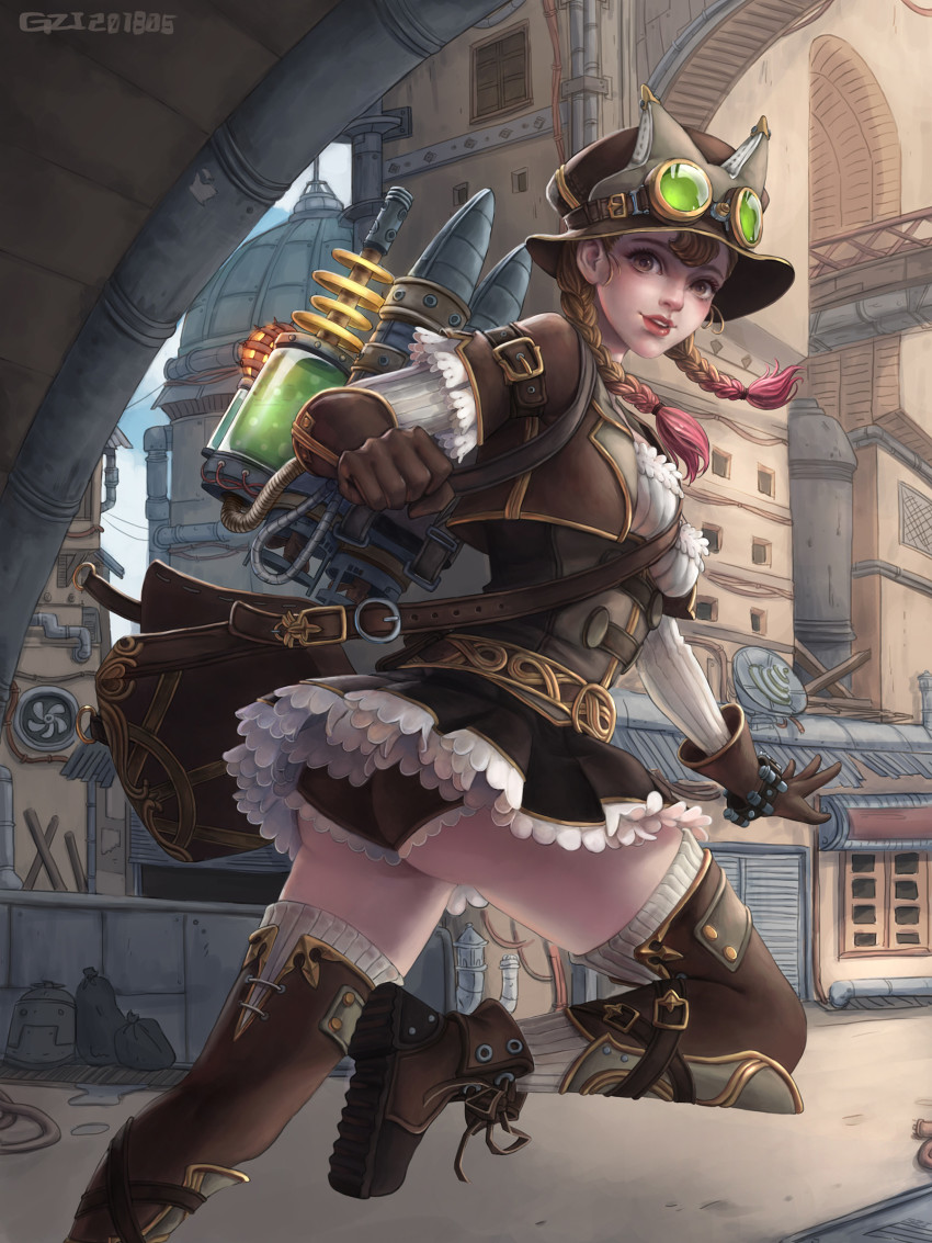 1girl, absurdres, animal_ears, ass, bag, between_breasts, boots, braid