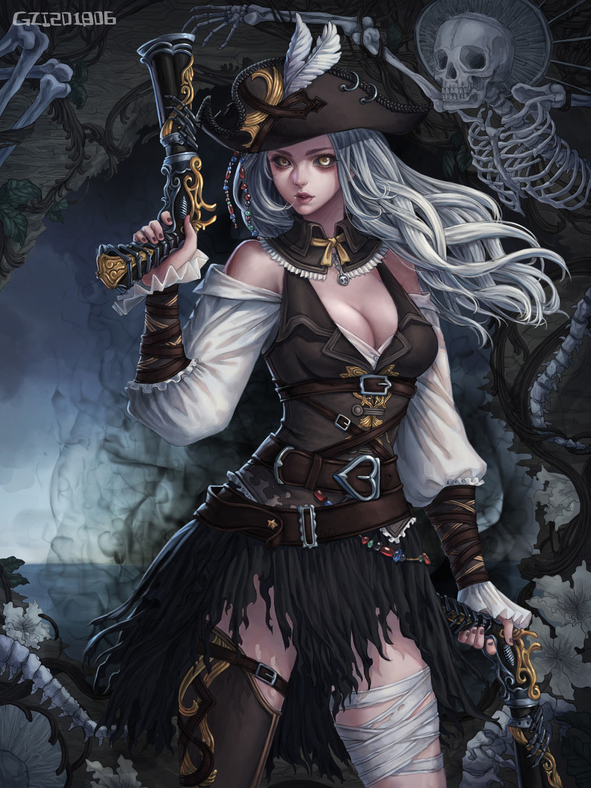 1girl, bandaged_leg, bandages, bare_shoulders, belt, black_headwear, black_sclera, bone, breasts, brown_belt, cleavage, colored_sclera, cowboy_shot, dual_wielding, gun, gzi_(shiba-ko), hat_feather, heart, highres, holding, holding_gun, holding_weapon, league_of_legends, long_hair, long_sleeves, looking_at_viewer, medium_breasts, miss_fortune_(league_of_legends), outdoors, parted_lips, single_thighhigh, skull, solo, thighhighs, weapon, white_hair