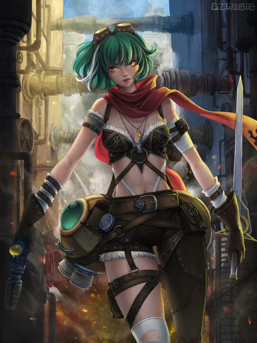 1girl, asymmetrical_clothes, bag, bare_shoulders, belt, breasts, brown_bag, brown_belt, brown_gloves, brown_pants, closed_mouth, concept_art, cowboy_shot, explosion, fur_trim, gloves, goggles, goggles_on_head, green_hair, gun, gzi_(shiba-ko), highres, holding, holding_gun, holding_sword, holding_weapon, looking_at_viewer, medium_breasts, navel, original, outdoors, pants, red_scarf, scarf, short_hair, single_pantsleg, solo, steampunk, sword, weapon, white_hair, white_legwear