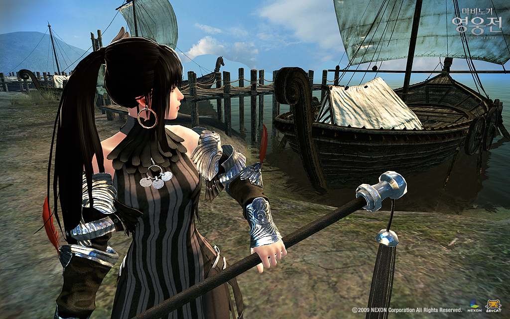 1girl, 3d, black_hair, black_theme, boat, breasts, brown_eyes, earrings, evy_(mabinogi), female_focus, hoop_earrings, jewelry, korean_text, long_hair, looking_away, mabinogi, mabinogi_heroes, ponytail, solo, stripe, striped, watercraft