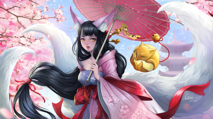 1girl, animal_ear_fluff, animal_ears, artist_name, black_hair, breasts, character_request, cherry_blossoms, concept_art, fox, fox_ears, fox_tail, gzi_(shiba-ko), hair_ribbon, highres, holding, japanese_clothes, kimono, kitsune, large_breasts, long_hair, low-tied_long_hair, multiple_tails, nail_polish, oil-paper_umbrella, orange_eyes, outdoors, pink_kimono, red_nails, red_ribbon, ribbon, shen_du_ye_xing_lu, smile, solo, tail, teeth, umbrella, wide_sleeves