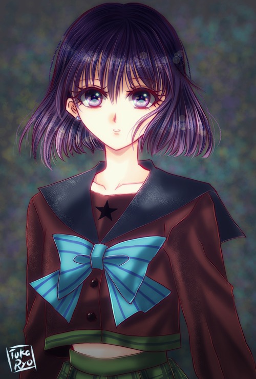 1girl, bishoujo_senshi_sailor_moon, bishoujo_senshi_sailor_moon_s, black_hair, black_sailor_collar, blue_bow, bow, green_skirt