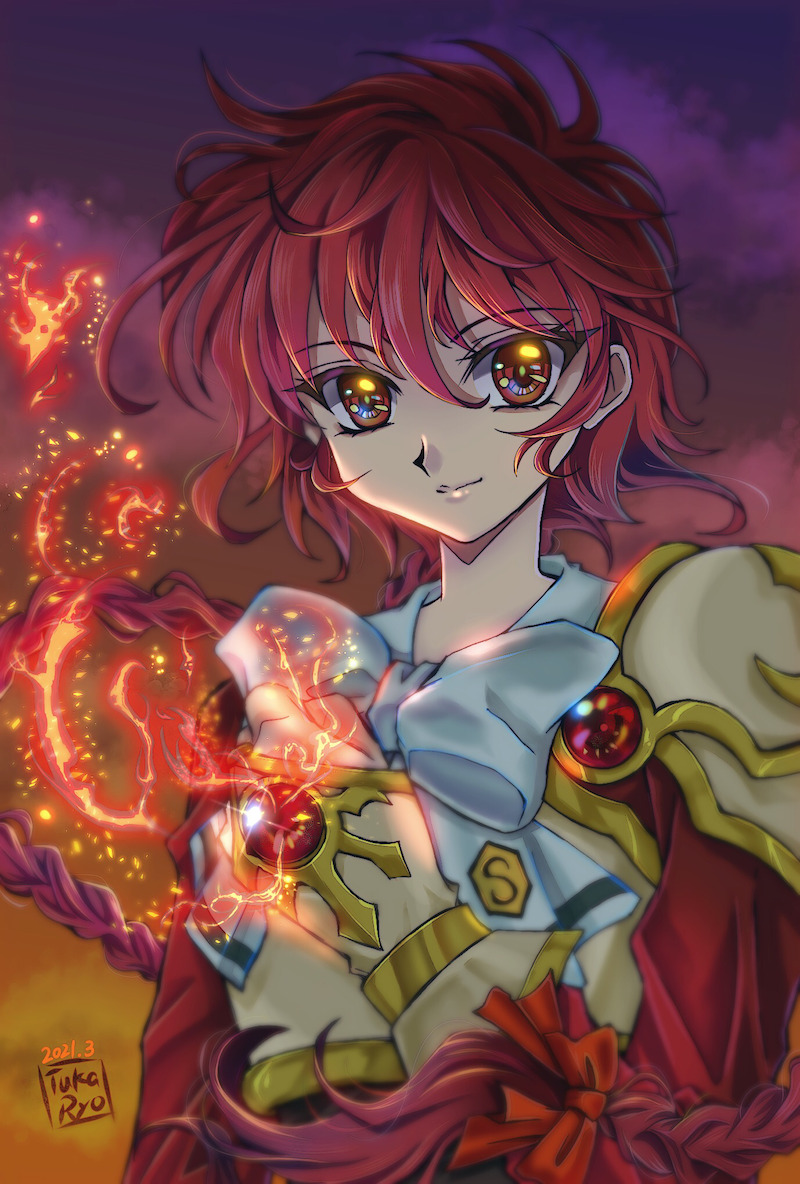 1girl, armor, bow, braid, clamp_(style), closed_mouth, cloud, dated, gem, gradient_background, hair_bow, long_hair, looking_at_viewer, magic, magic_knight_rayearth, messy_hair, official_style, orange_background, purple_background, red_bow, red_eyes, red_hair, red_shirt, shidou_hikaru, shirt, signature, single_braid, smile, solo, tuka_ryo, upper_body, white_bow