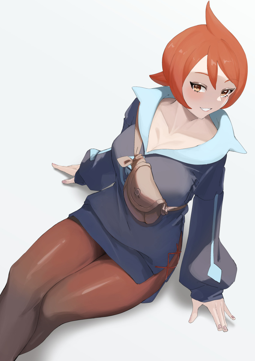 1girl, absurdres, arezu_(pokemon), arm_support, breasts, brown_eyes, cleavage, collarbone