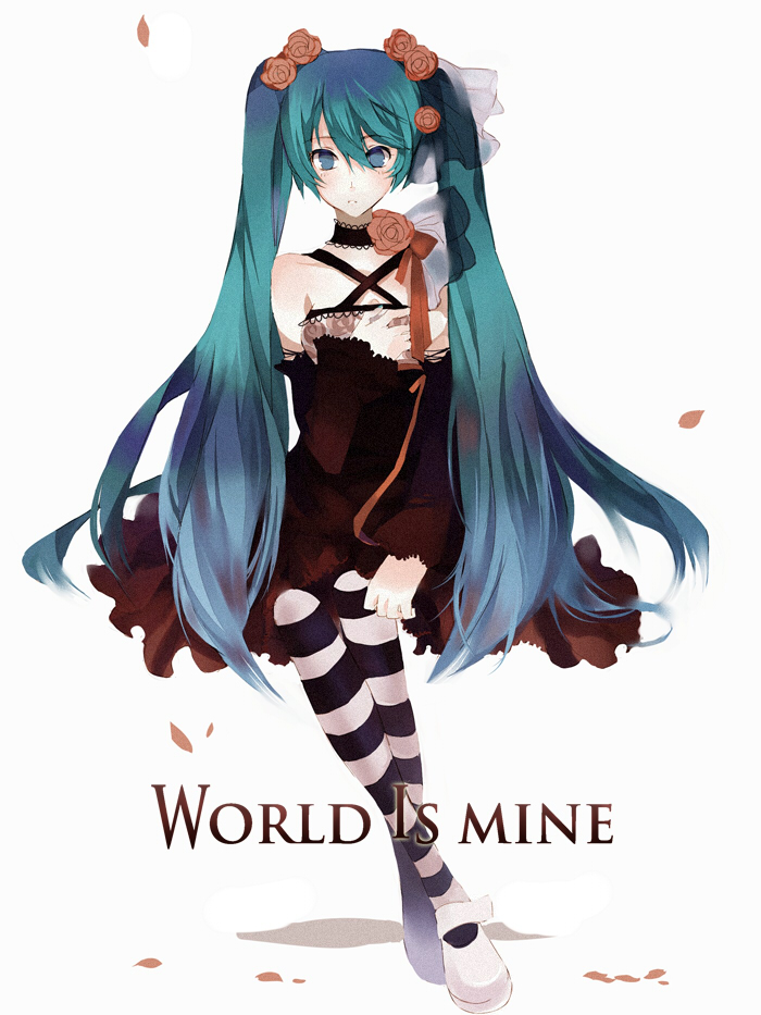 1girl, aqua_eyes, aqua_hair, black_dress, blush, detached_sleeves, dress, female_focus, flower, hair_flower, hair_ornament, hatsune_miku, maruko, petals, rose, simple_background, solo, striped_clothes, striped_thighhighs, thighhighs, twintails, vocaloid, white_background, world_is_mine_(vocaloid)