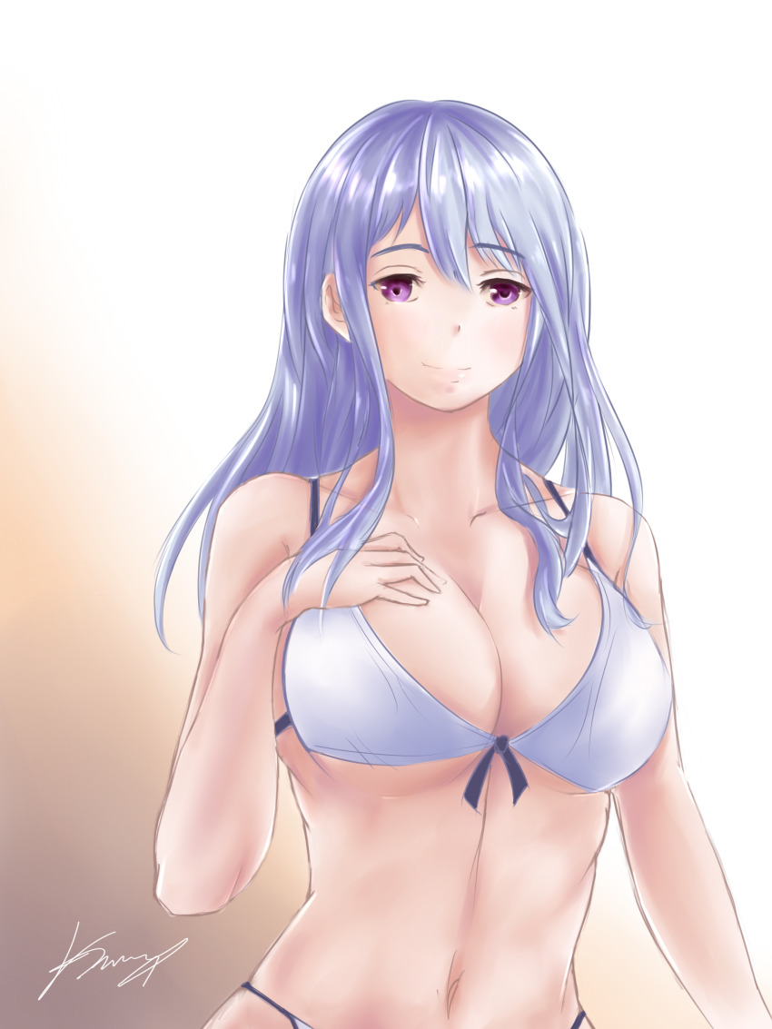 1girl, absurdres, bare_arms, bare_shoulders, bikini, blue_hair, breasts, commentary_request, gradient_background, grey_background, hand_on_own_chest, highres, koming, large_breasts, long_hair, looking_at_viewer, navel, original, purple_eyes, smile, solo, stomach, swimsuit, upper_body, white_background, white_bikini