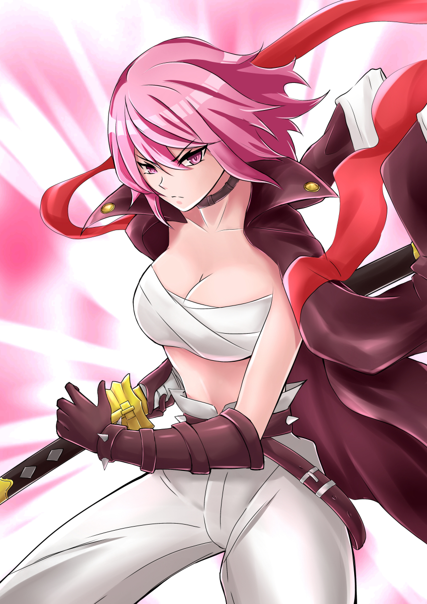 >:(, 1girl, absurdres, alchemy_stars, bandages, bandeau, belt, black_belt, black_choker, black_coat, black_gloves, breasts, chest_sarashi, choker, cleavage, coat, coat_on_shoulders, collarbone, commentary, cowboy_shot, gloves, hair_between_eyes, highres, hiiro_(alchemy_stars), katana, koming, large_breasts, looking_at_viewer, midriff, pants, pink_hair, purple_eyes, sarashi, scabbard, sheath, short_hair, solo, standing, stomach, strapless, sword, tube_top, v-shaped_eyebrows, weapon, white_pants
