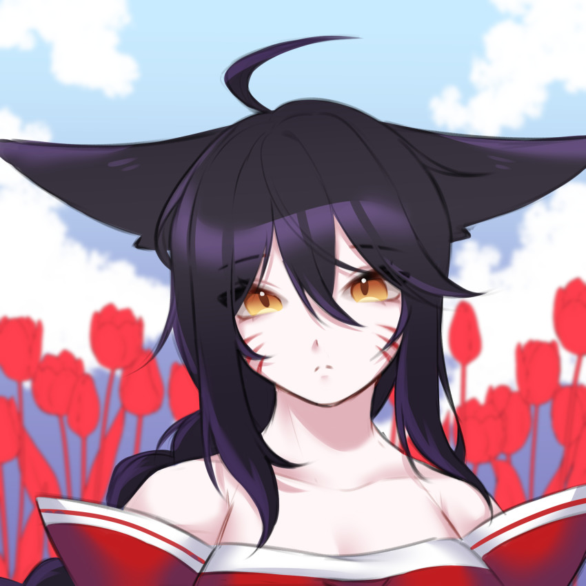 ahoge, ahri_(league_of_legends), animal_ears, bare_shoulders, black_hair, closed_mouth, cloud, collarbone