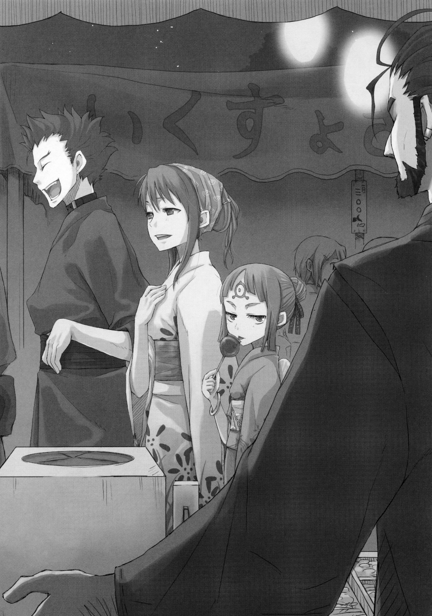 2boys, 2girls, absurdres, artbook, ayakura_juu, festival, food, fuuka_(gouma_reifuden_izuna), gouma_reifuden_izuna, greyscale, hair_up, highres, japanese_clothes, kagen_(gouma_reifuden_izuna), kimono, monochrome, multiple_boys, multiple_girls, official_art, short_hair, shuuchi_(gouma_reifuden_izuna), suiren_(gouma_reifuden_izuna)
