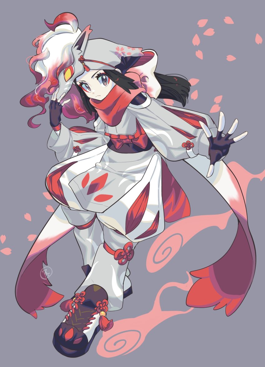 1girl, akari_(pokemon), alternate_costume, black_hair, closed_mouth, commentary, eyelashes, eyeshadow, fingerless_gloves, floating_hair, full_body, gloves, grey_background, grey_eyes, headscarf, highres, hisuian_zoroark, kamota_kamosuke, long_hair, long_sleeves, makeup, mask, mask_on_head, nintendo, petals, pokemon, pokemon_legends:_arceus, ponytail, red_eyeshadow, red_scarf, scarf, shoes, sidelocks, simple_background, solo, spread_fingers, untranslatable_commentary, white_headscarf