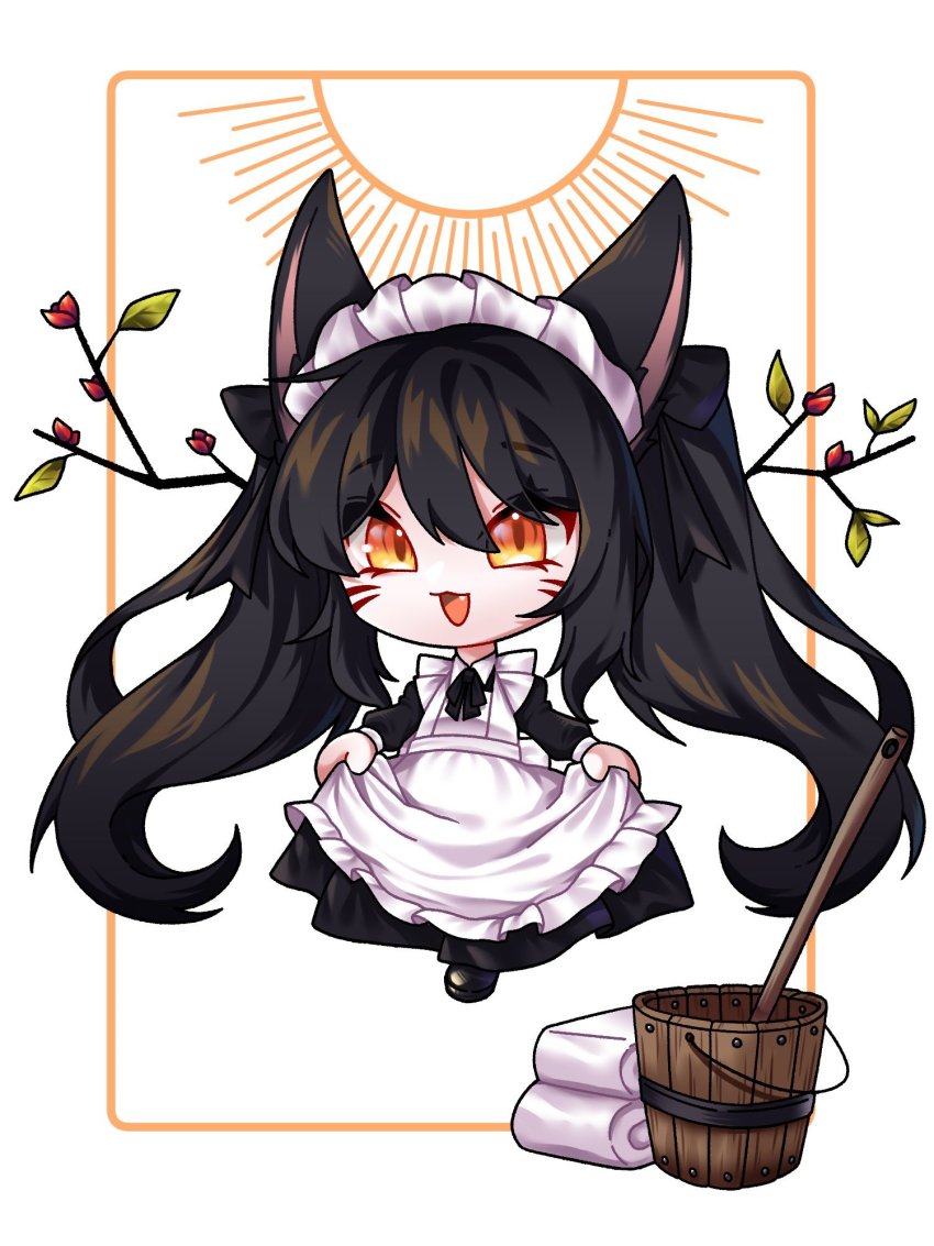 1girl, :3, :d, ahri_(league_of_legends), alternate_costume, animal_ears, apron, black_hair