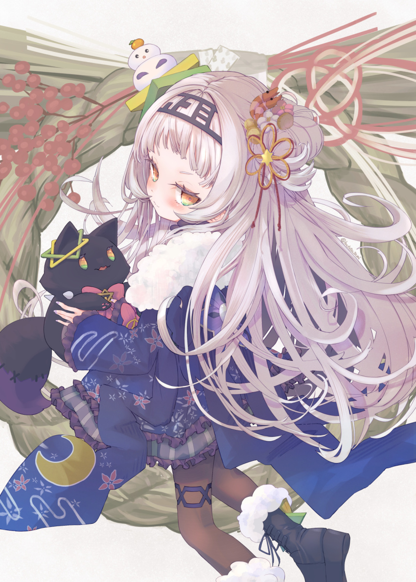 1girl, black_boots, blunt_bangs, blush, boots, fur_trim, hair_ornament, hairband