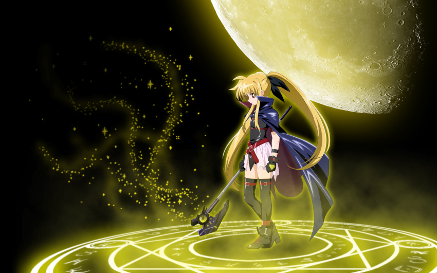 1girl, bardiche_(device_form)_(nanoha), bardiche_(nanoha), fate_testarossa, fate_testarossa_(original_form), female_focus, hair_ribbon, highres