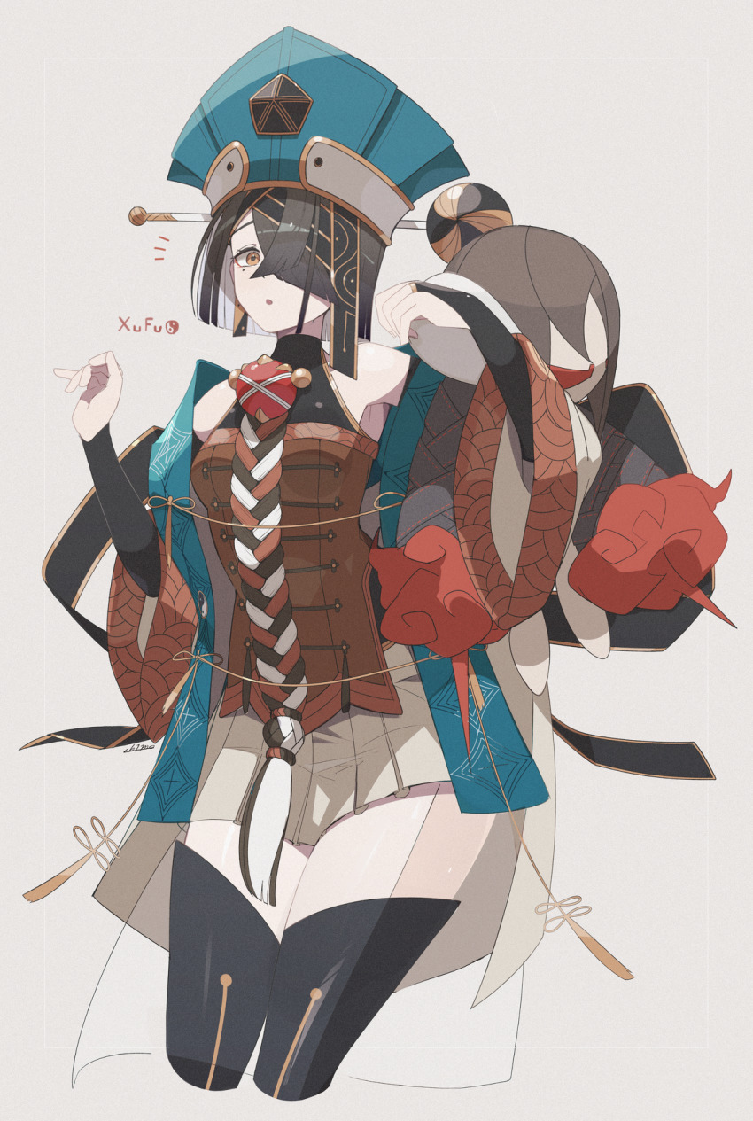 1girl, bare_shoulders, black_hair, black_thighhighs, blue_hat, breasts, bridal_gauntlets, brown_eyes