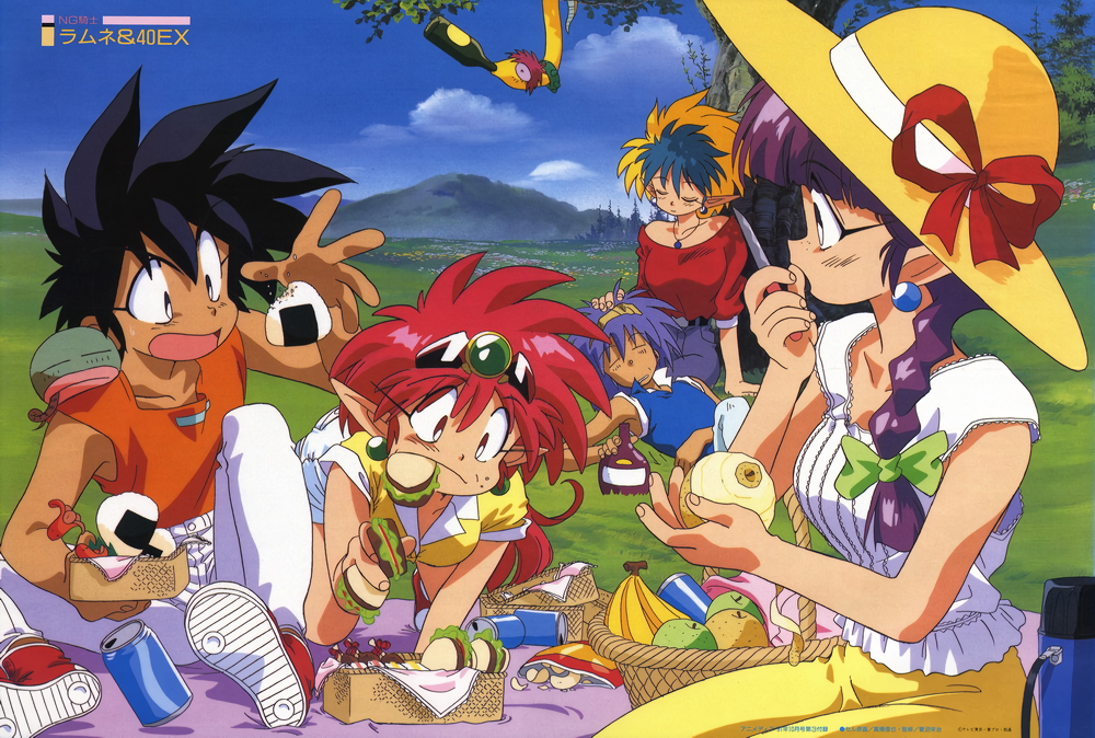 1990s_(style), 2boys, 3girls, all_fours, aqua_hair, arara_cocoa, arara_milk, baba_lamune, bag_of_chips, banana, basket, black_eyes, black_hair, blanket, blonde_hair, blue_hair, blunt_bangs, bottle, braid, braided_ponytail, can, casual, chips_(food), closed_eyes, da_cider, day, earrings, eating, field, food, fruit, grass, hair_over_shoulder, hairband, hat, headpiece, heavy_meta-ko, holding, holding_bottle, holding_food, holding_knife, jewelry, knife, leska_(arara_cafe_au_lait), long_hair, long_pointy_ears, meadow, mouth_hold, multicolored_hair, multiple_boys, multiple_girls, necklace, ng_knight_lamune_&amp;_40, non-web_source, onigiri, open_mouth, outdoors, pink_hair, pointy_ears, potato_chips, profile, purple_hair, retro_artstyle, sandwich, shirt, shoes, short_hair, sitting, sleeveless, sleeveless_shirt, snake, sneakers, sun_hat, tama-q, two-tone_hair