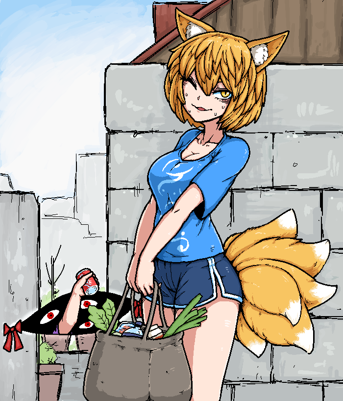 2girls, animal_ears, bag, blonde_hair, bottle, breasts, brick_wall, can, cat_ears, celery, cleavage, drink_can, drink_carton, formicid, fox_tail, gap_(touhou), groceries, large_breasts, looking_at_viewer, milk_carton, multiple_girls, multiple_tails, missing_headwear, one_eye_closed, outdoors, red_ribbon, ribbon, shirt, shopping_bag, short_hair, shorts, soda_can, standing, sweat, sweatdrop, t-shirt, tail, thighs, touhou, water_bottle, yakumo_ran, yakumo_yukari, yellow_eyes