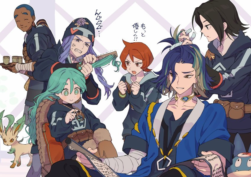 2boys, 4girls, absurdres, adaman_(pokemon), anger_vein, arezu_(pokemon), bag, black_hair